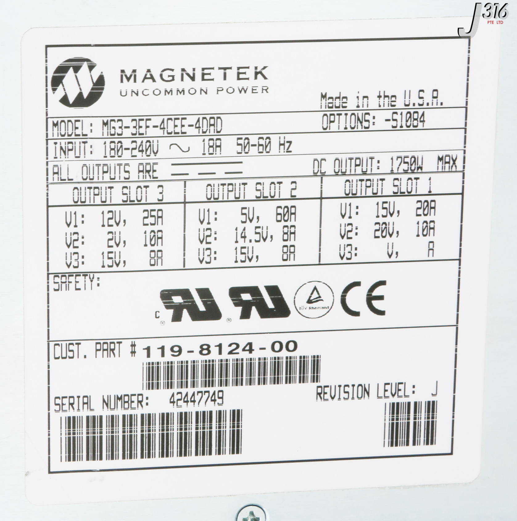 jペイ 30348 MAGNETEK POWER SUPPLY, 1750W, 5VDC - 15VDC, 119-8124-00 MG3